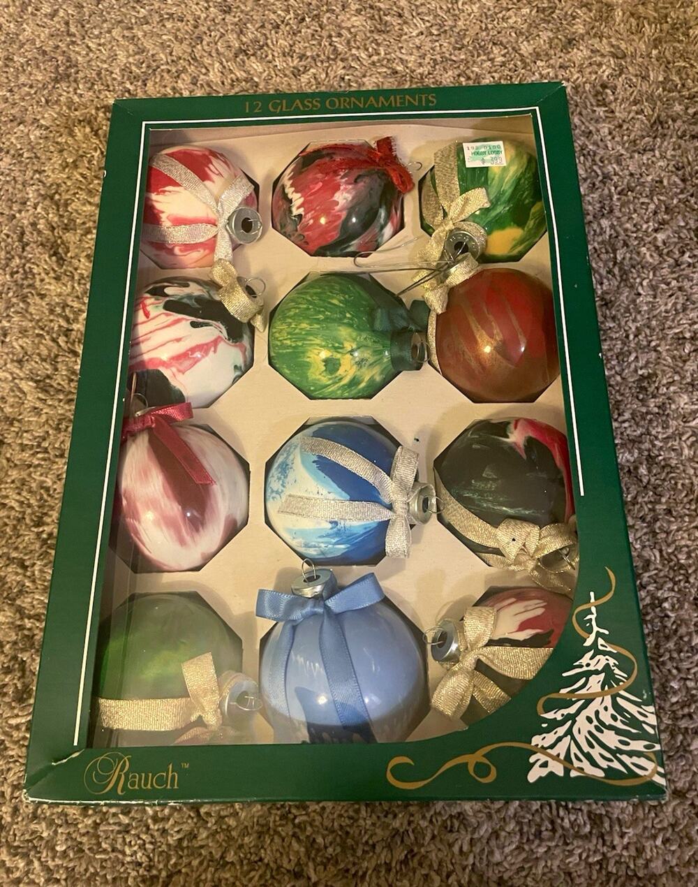 12 Vintage Rauch Glass Christmas Ornaments Tie Dye Colorful Made In USA